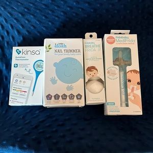 Elosh baby trimmer, kinsa thermometer, breath frida, & frida baby accu-dose paci
